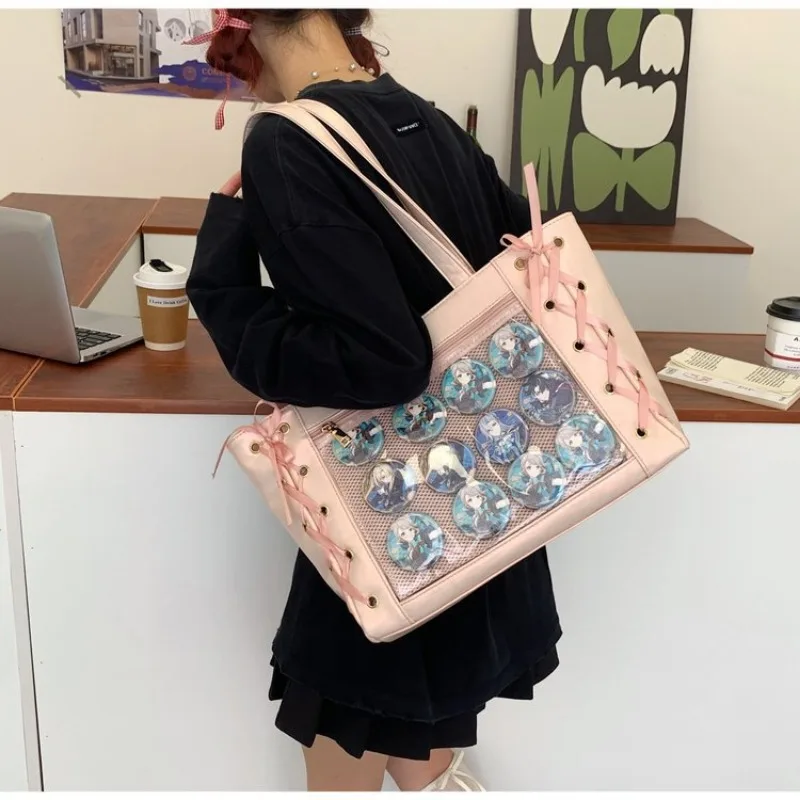 

HAEX Lolita Women Ita Bags Harajuku JK Uniform DIY Badge Tote Bag Female Cross Ribbon Large Capacity PU Shoulder Bolso Mujer