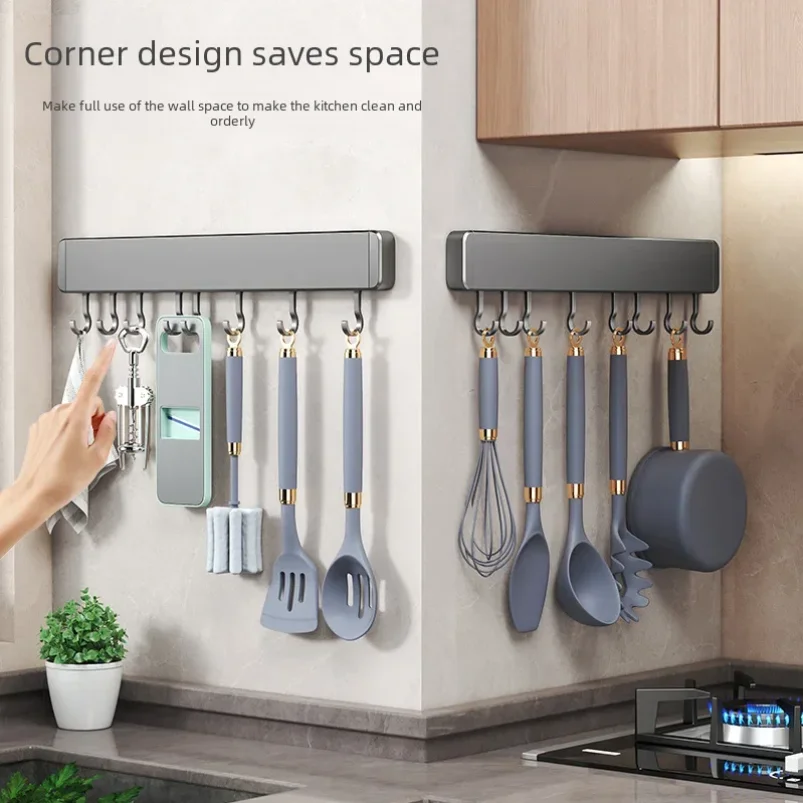 

Non-perforated Kitchen Storage Rack Wall Mounted Shelves Kitchen Utensil Accessories with Movable Hook Spoon Holder Organizer