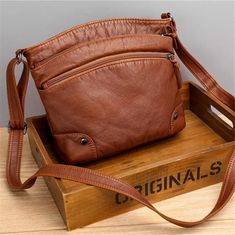 Vintage Soft leather Messenger Bag, retro multiple pocket Shoulder Bag, Fashion Women's Crossbody Bag & Purse