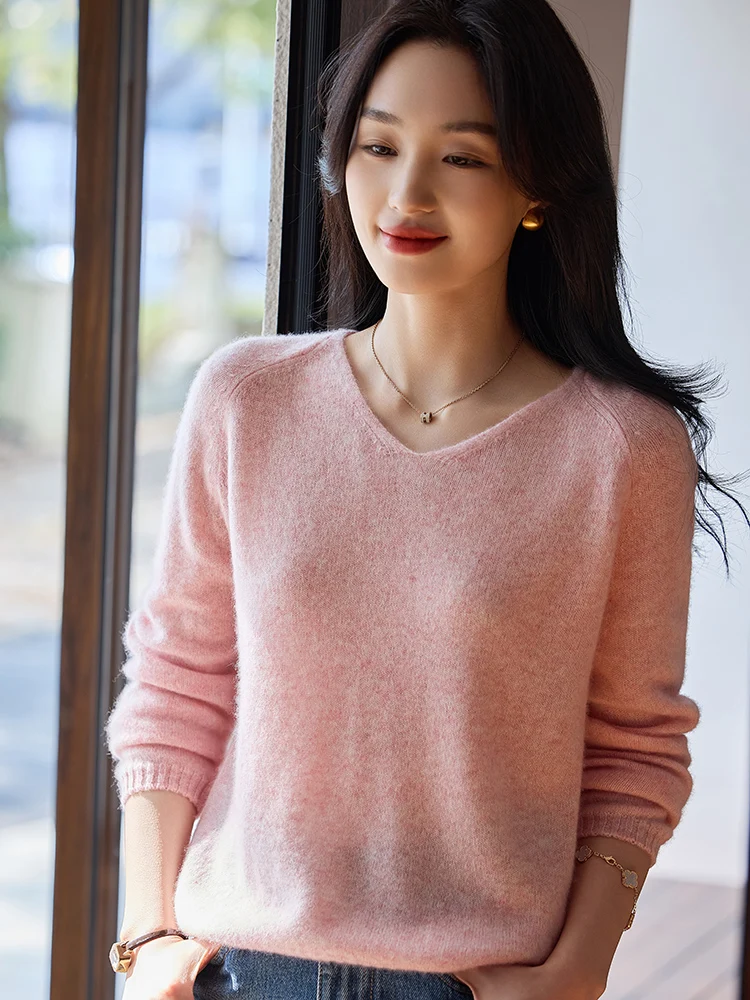 

2025 Новый женский вязаный пуловер из 100% чистой шерсти, свитер с v-образным вырезом и длинными рукавами, теплые и мягкие модные базовые топы высокого качества