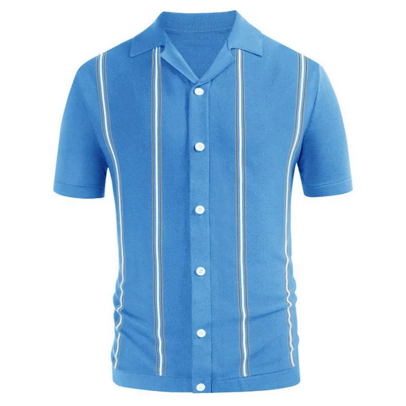 Japanese and Korean Quality Men's Summer New Striped Knit Suit Collar Fashion Single-breasted Short-sleeved Business POLO Shirt
