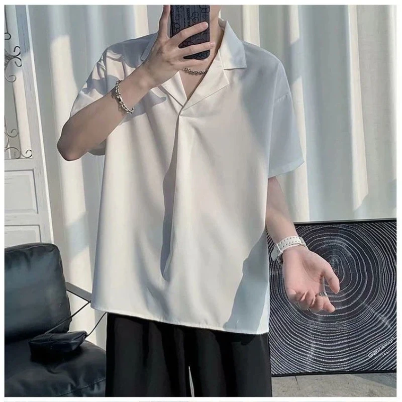 Men\'s Vintage Black Loose Blouse Summer New Short Sleeve Polo Neck Solid Color Ice Silk Shirt Tops Fashion Trend Men Clothing