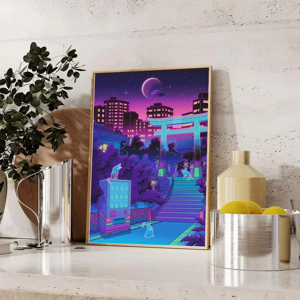 Vaporwave قماش جدار الفن Cyberpunk طوكيو سيتي سكيب النيون الجمالية غرفة ديكور انمي ياباني المشارك خمر الخيال العلمي