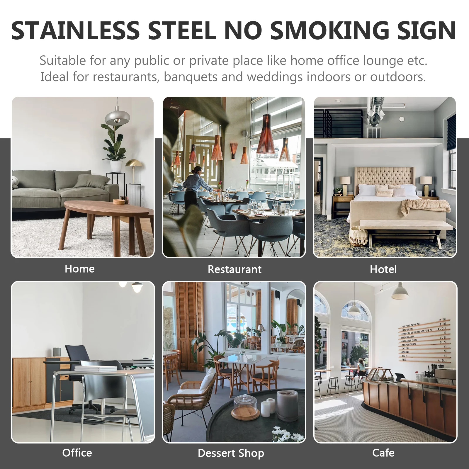 Stainless Steel Board Indoor Table Top Sign No Smoking Indicator Signboard For Restaurant Office School Club Stackable