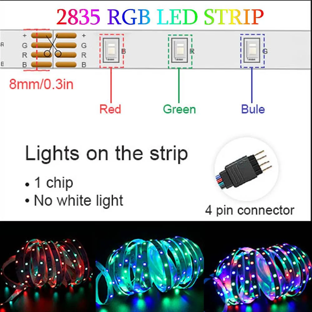 Fita LED com cor RGB, lâmpada de iluminação flexível, banda para decoração de festa, SMD 2835, 5050, branco quente, vermelho, verde, azul, DC 12V