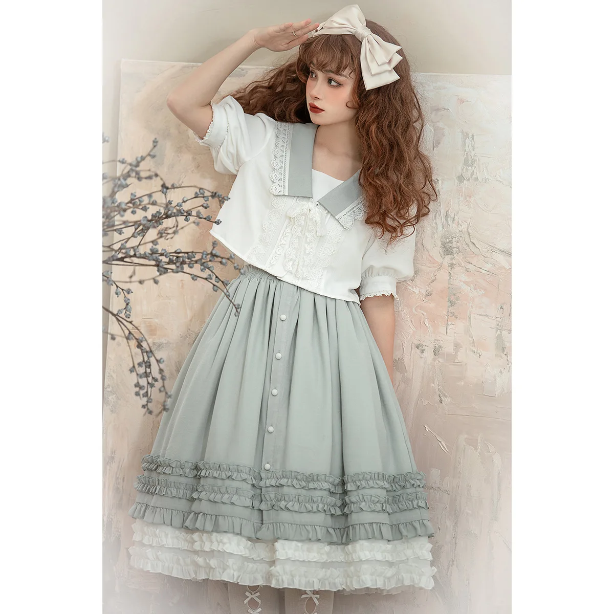 

Lolita Dress College style Sweet Girls Cute Japanese Kawaii Spaghetti Strap Maid Vintage Lace two piece suit Lace Women Spring