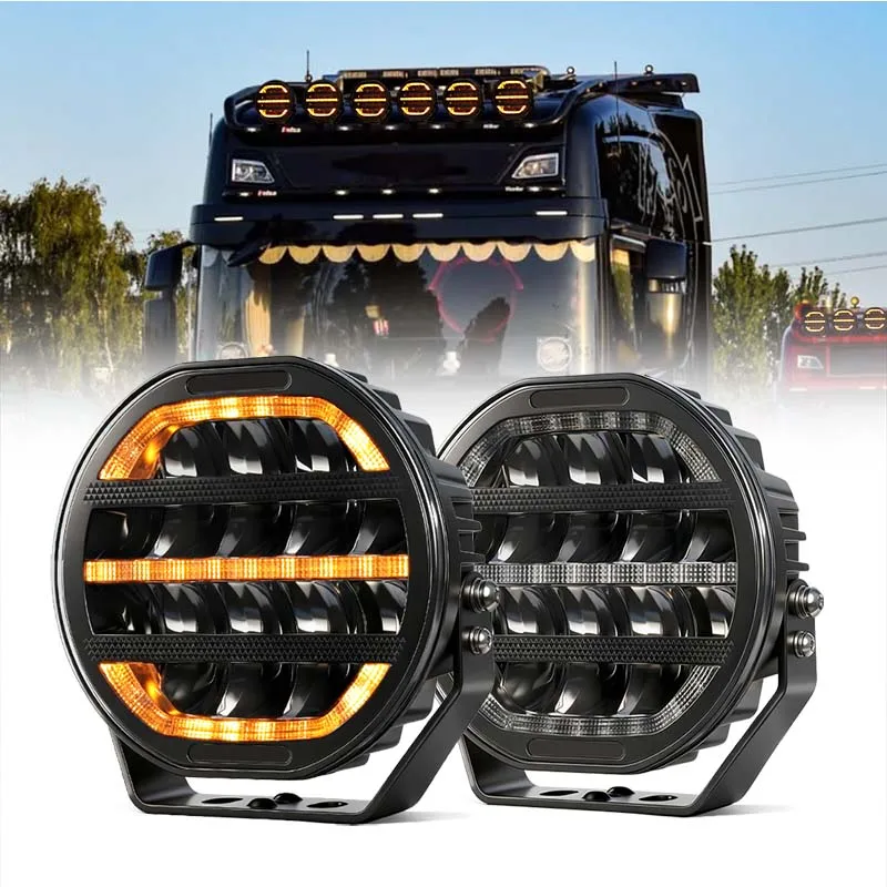 HAOLIDE 2PCS Dual Color LED Driving Light White/Amber Halo DRL Round off-road use Work Light Heavy Duty for Truck Lorry Trailer
