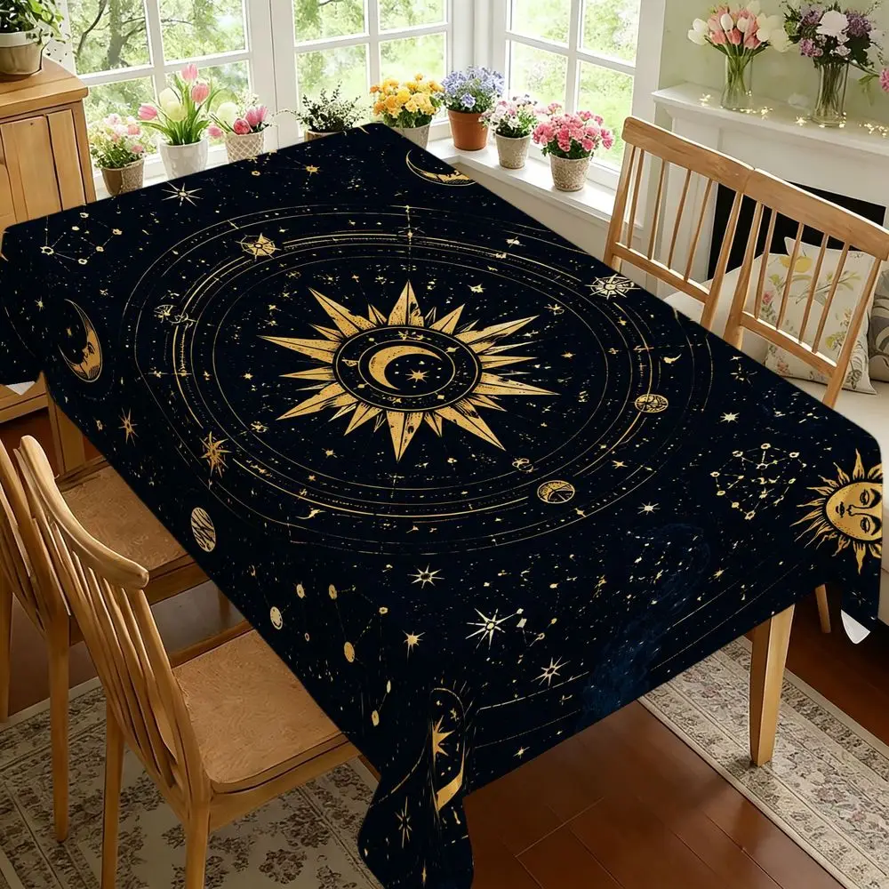Celestial Sun and Moon Tablecloth with Golden Constellation - Navy Blue Boho Rectangular Table Cover Suitable for Dining Room, Kitchen, Party Decor, Soft Durable Fabric Cover Fits for Indoor Tables, Modern Bohemian Design