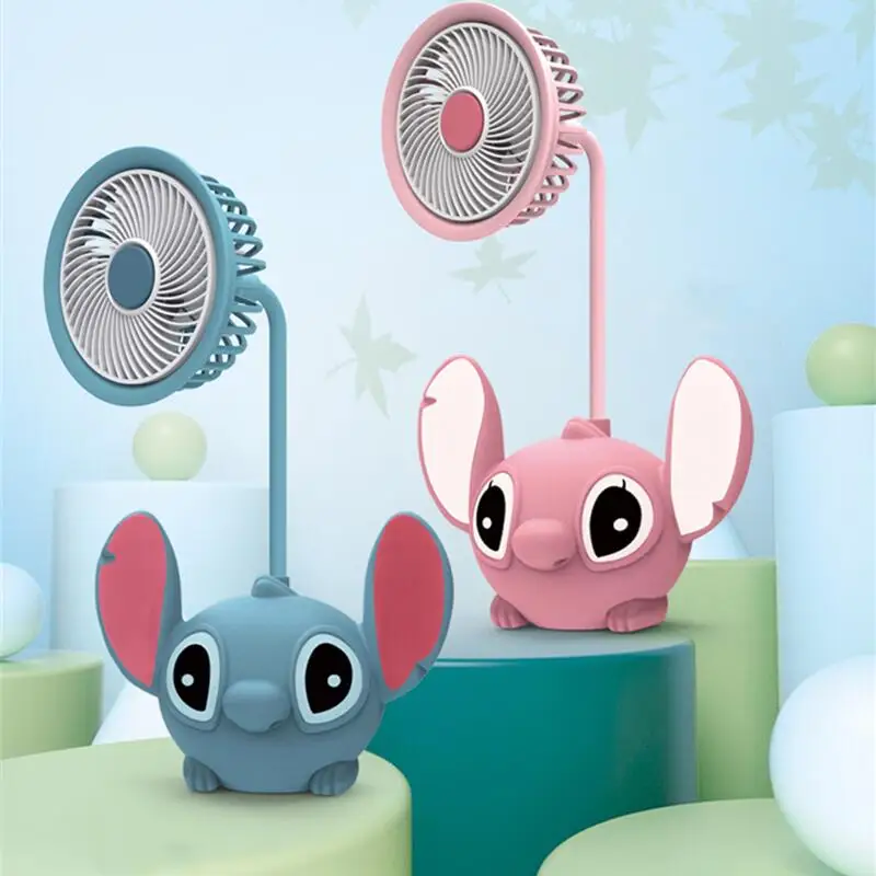 Disney Stitch Small Fan Cute Cartoon Angel Child Pupil Desktop Study Adjustable Hose Electric Fan Pencil Sharpener Holiday Gifts