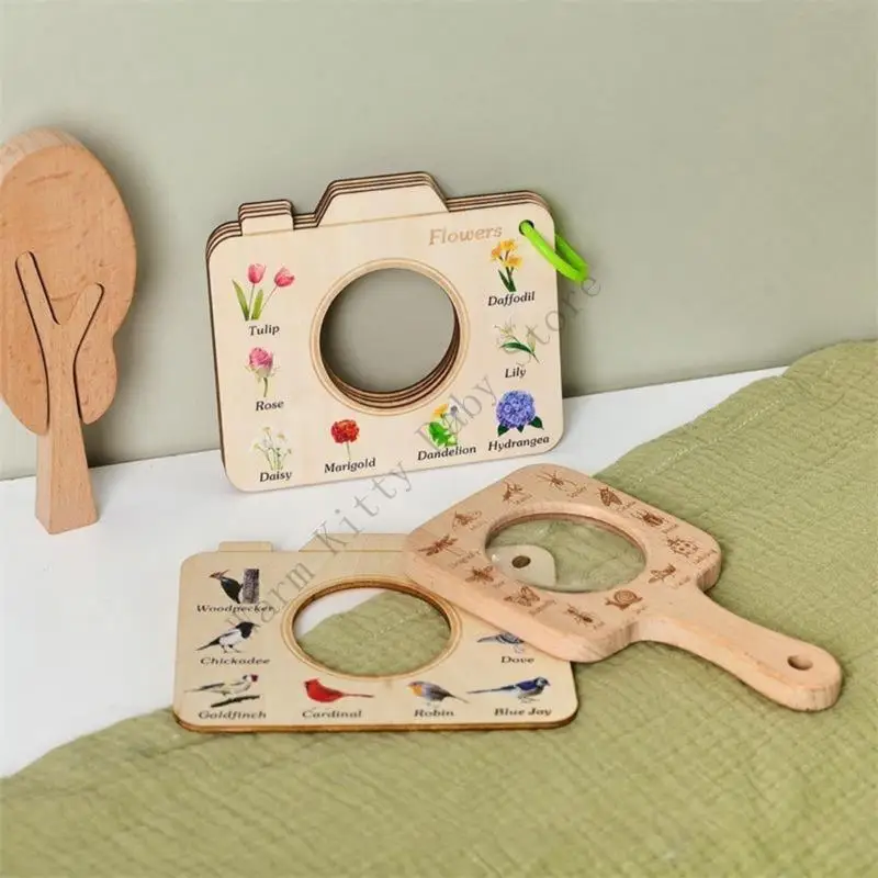 Ensemble d'observation de la Nature pour enfants, loupe, plantes et animaux en bois, cartes de guidage illustrées pour enfants, jouets d'exploration en plein air