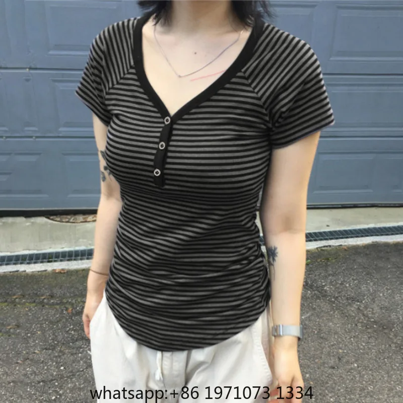 Goth Dark Casual Women Short Sleeve Striped T-shirts Y2K Fashion V-neck Button-up T-Shirt E-girl Slim Basic Tops Mall Goth Cloth
