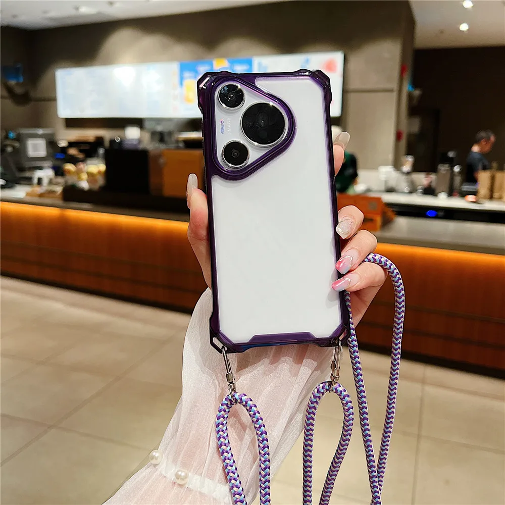 Luxury Cord Chain Crystal Clear Case For Huawei P70 Pro Ultra Mate 60 Pro Plus Necklace Lanyard Crossbody Strap Shockproof Cover