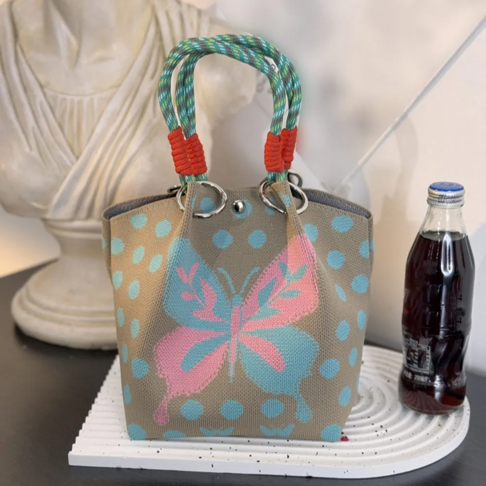 

Cute Cartoon Knitted Bucket Bag Large Capacity Handmade Wrist Bag Woven Ring Buckle Shoulder Bag for Women Girls