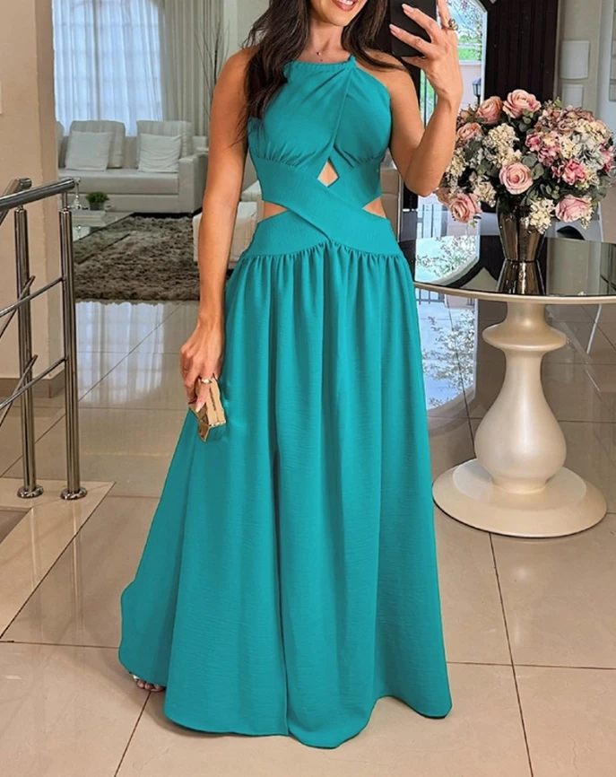 Women's fashionable casual camisole sleeveless lace up detail shirt cross flared dress charming evening gown 2025 new style