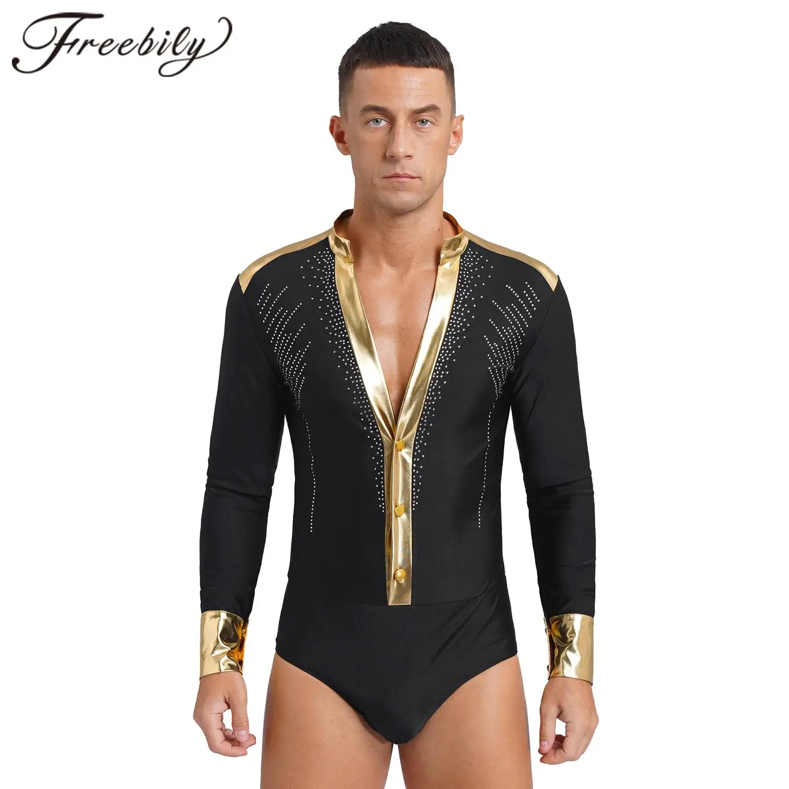 Mens Latin Dance Bodysuit Deep V Neck Long Sleeve Metallic Jumpsuit Figure Skating Leotard for Tango Chacha Latin Dancing Tops