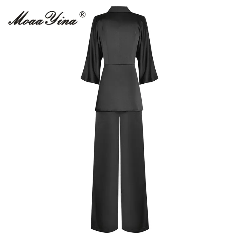 MoaaYina Summer Fashion Designer Slim Pant Suit Women V-Neck 3/4 Sleeve Sashes Gathered Waist Top+Straight Trousers 2 Pieces Set