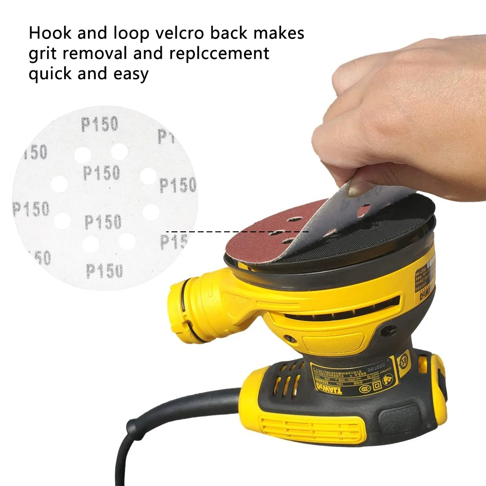 20 قطعة أقراص صنفرة 5 بوصة 8 فتحات 150 فريك بدون غبار بخطاف وحلقة أقراص ورق الصنفرة من أكسيد الألومنيوم المستديرة