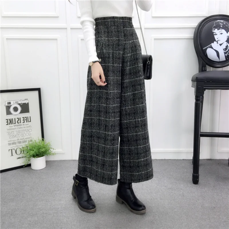 

Шерстяные широкие брюки для женщин, осень-зима, новый стиль, модные свободные брюки с высокой талией в корейском стиле, тонкие прямые укороченные брюки