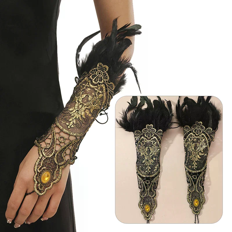 Gothic Gold Lace Long Glove Bracelet For Women, Party Sexy Fingerless Gloves Exaggerated Lace Fishnet Gloves Accessories