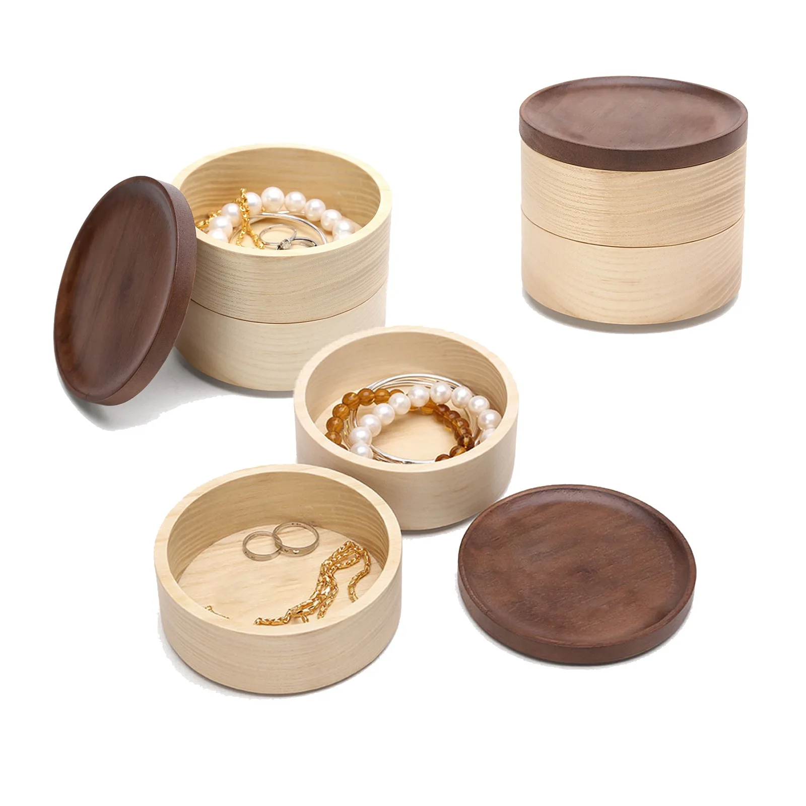 

3Pcs Natural Wooden Two-Layer Handmade Jewelry Storage Box with Lid Earrings Ring Necklace Display