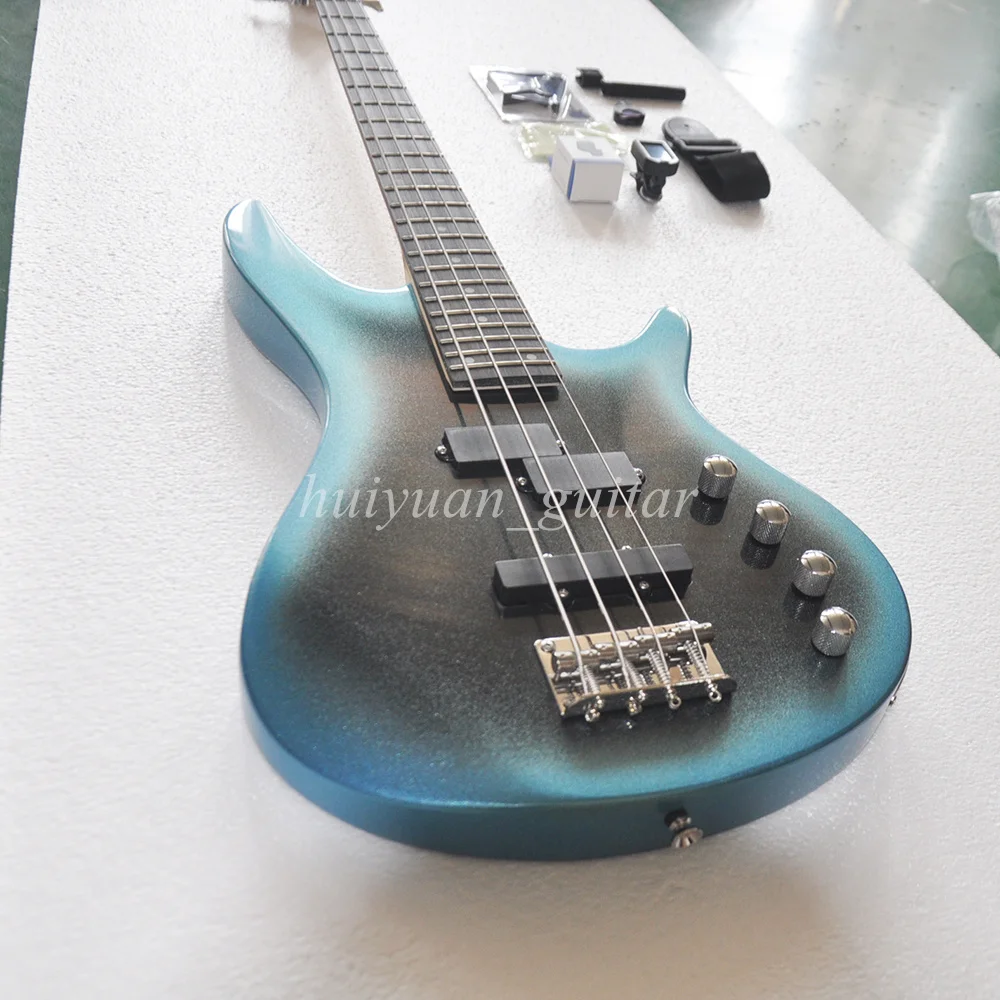 Flyoung 4 Strings Metal Blue Electric Bass Guitar with Rosewood Fretboard 24 Frets