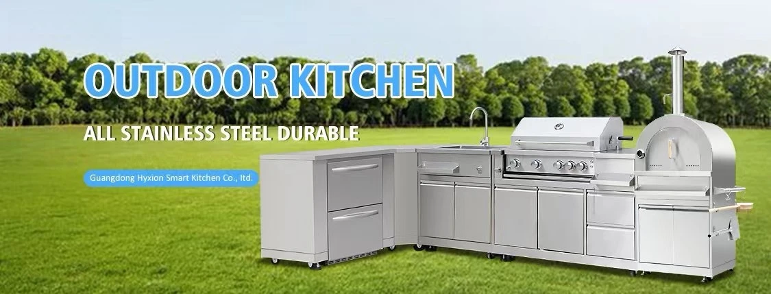 

Уличная кухня простого дизайна, модульная садовая кухня с газовой печью для пиццы и грилем, устойчивая к погодным условиям, для использования в саду или на террасе.