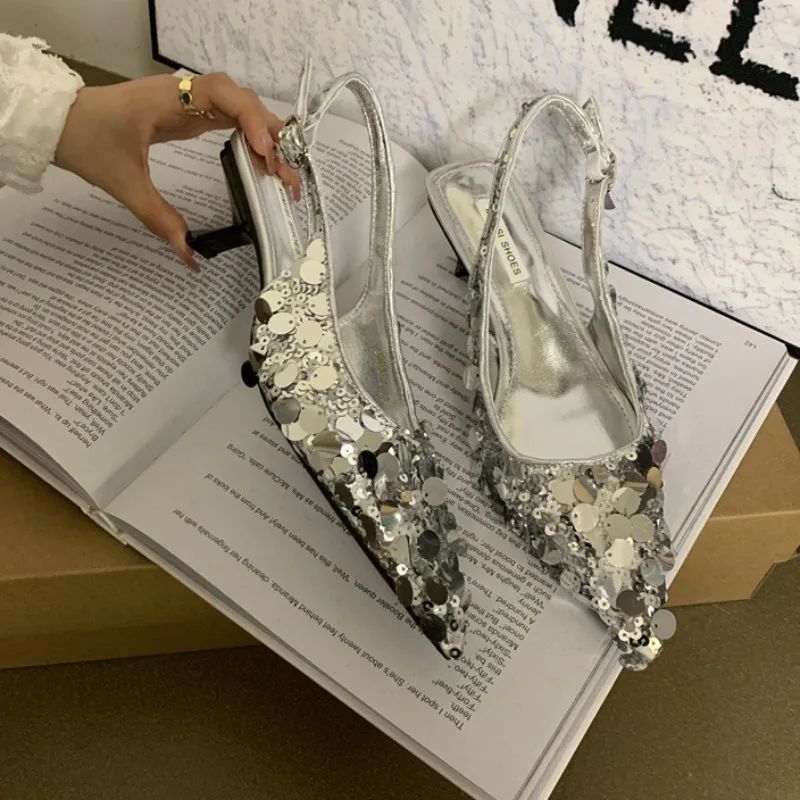 2024 New Pointed Sequin High Heels French Niche Single Shoes with A Toe Wrap Fairy Sandals for External Wear Sandalias De Tacón