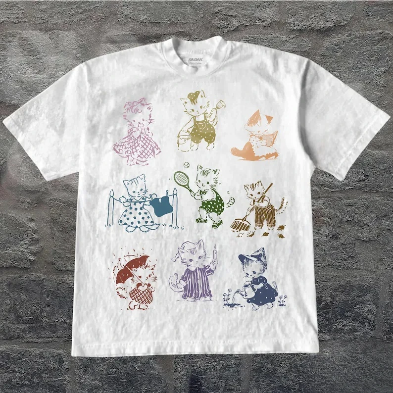 Cat 90s Tattoo Vintage T-shirt, Retro Kitten Cute Shirt, Cat Lovers Gift, Cats Playing Unisex Relaxed Adult Graphic Tee, Funny Weird T-shirt