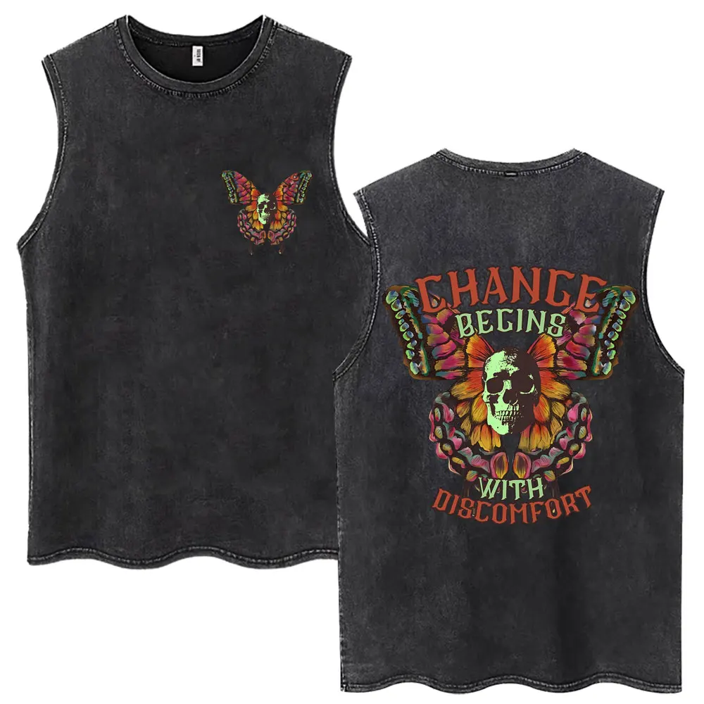 Wash Change Begins with Discomfort Butterfly Skeleton Gym Tank Tops Vintage Men Women Oversized Fitness Vests Sleeveless T-shirt