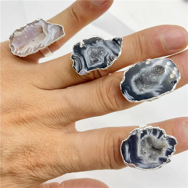 Gold Silver Rim Amethyst Crystal teeth Geode Flower Agate Stone Slice Adjust Open Hammered Ring Cuff for Women Men Ring 6pcs