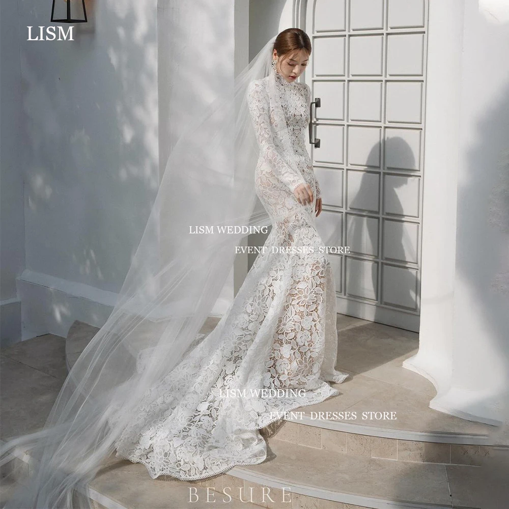 LISM Graceful Lace Mermaid Wedding Dress Korea Photo Shoot Long Sleeve High Neck Bridal Gown Court Train Bridal Dress With Veil