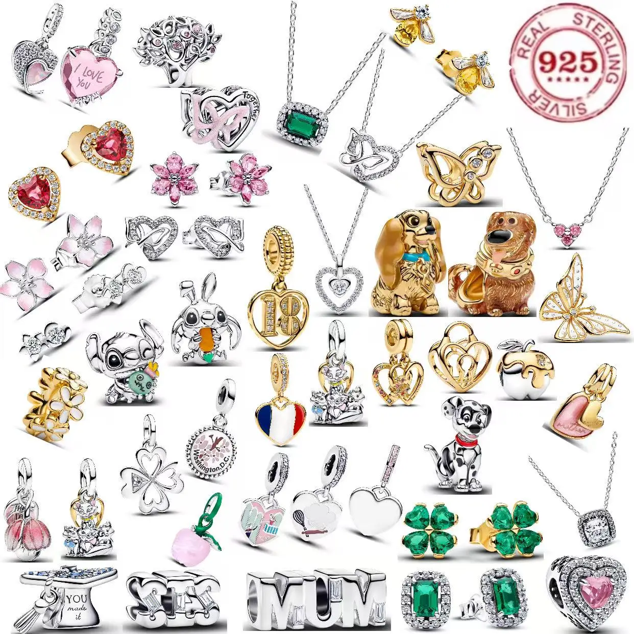 Fashion New 925% Sterling Silver Dog Butterfly Apple Bug Pendant Square Stud Earrings Necklace DIY Kit Women's Jewelry Fine Gift