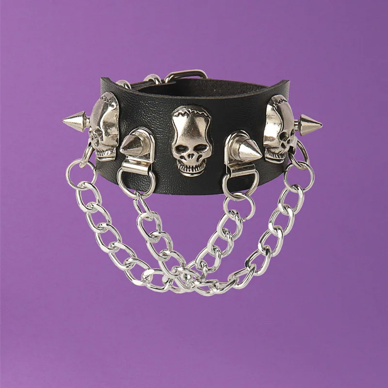 Couro artificial Rivet Cadeia De Ferro, Pulseira De Crânio De Cor Prata, Halloween Legal Pulseira Bonito, UNISEX, Europa e América