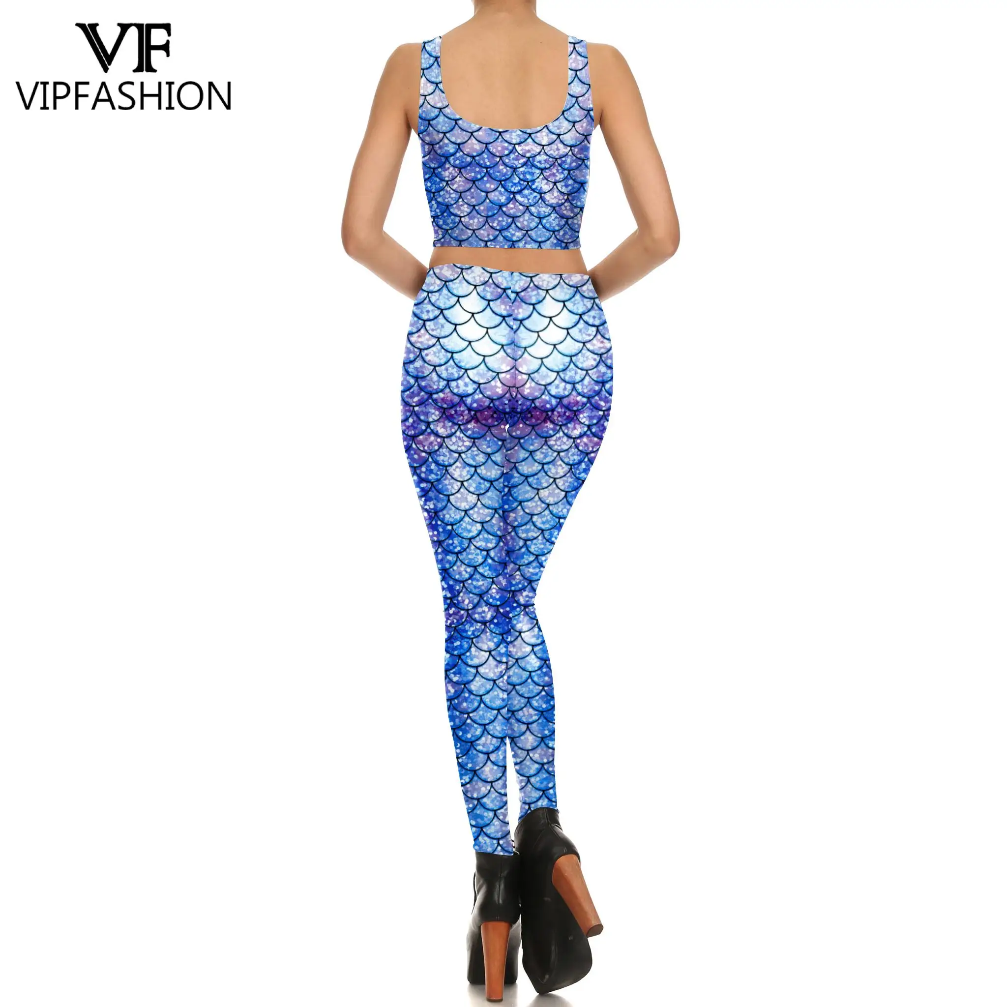 VIP FASHION Mermaid Tank Top Leggings Woman Sexy Cosplay Two Piece Set Sleeveless Short Vest Trousers Workout for Holiday Party