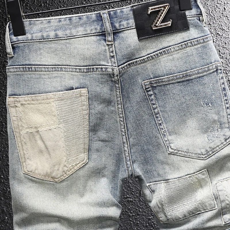 Fashion Designer Men Jeans Retro Washed Blue Stretch Slim Fit Patched Ripped Denim Shorts Men Y2K Summer Vintage Casual Shorts