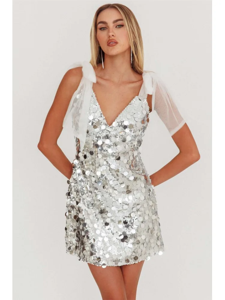 

New Sexy Low Chest Nightclub Glitter Short Dress Summer Sleeveless Backless Dresses Fashion Sequins Spliced Gauze Bandage Dress