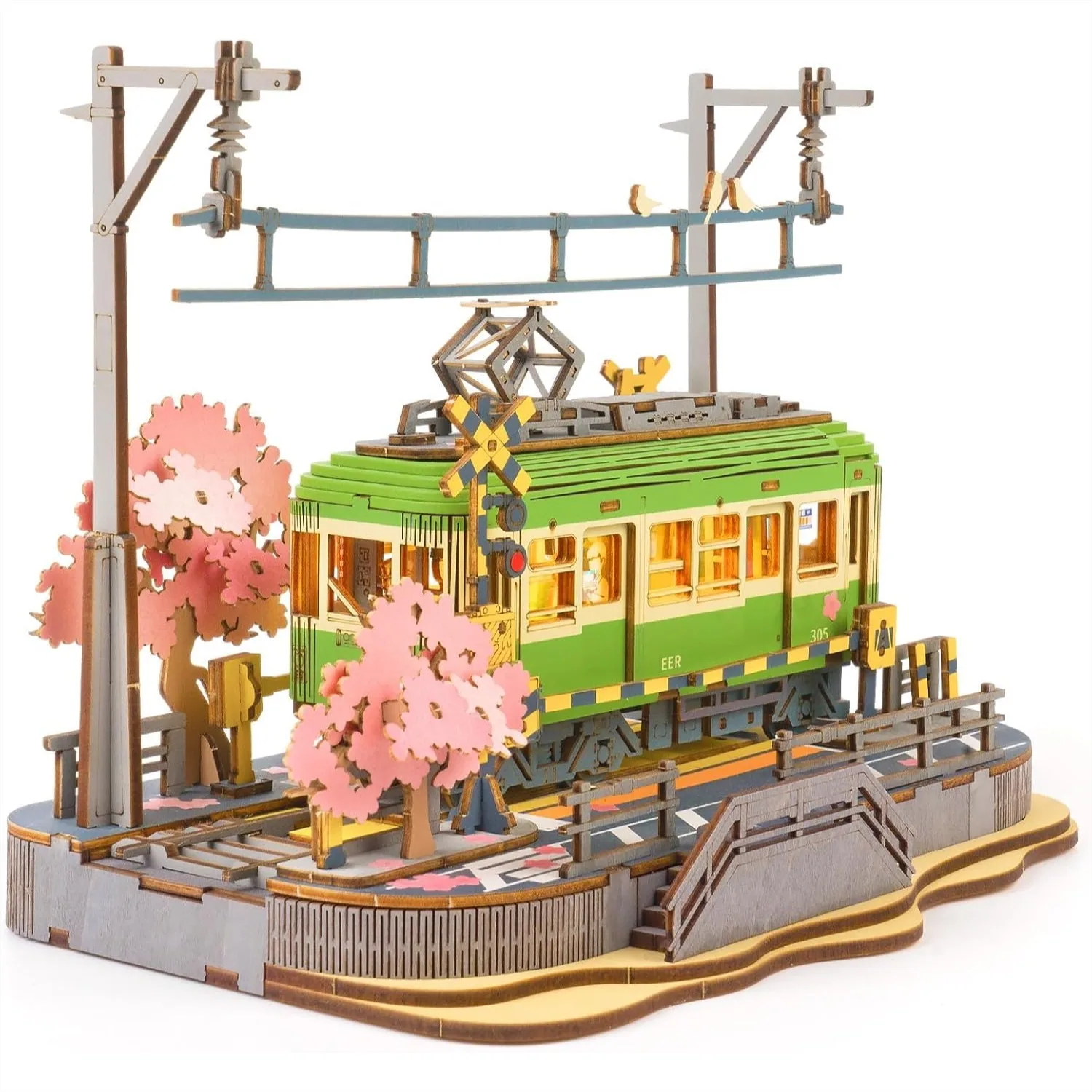 

3D Wooden Puzzle for Adults, Sakura Journey Tram DIY Model Building Kits with LED Lights, Creative Craft Hobby Gift and Brain