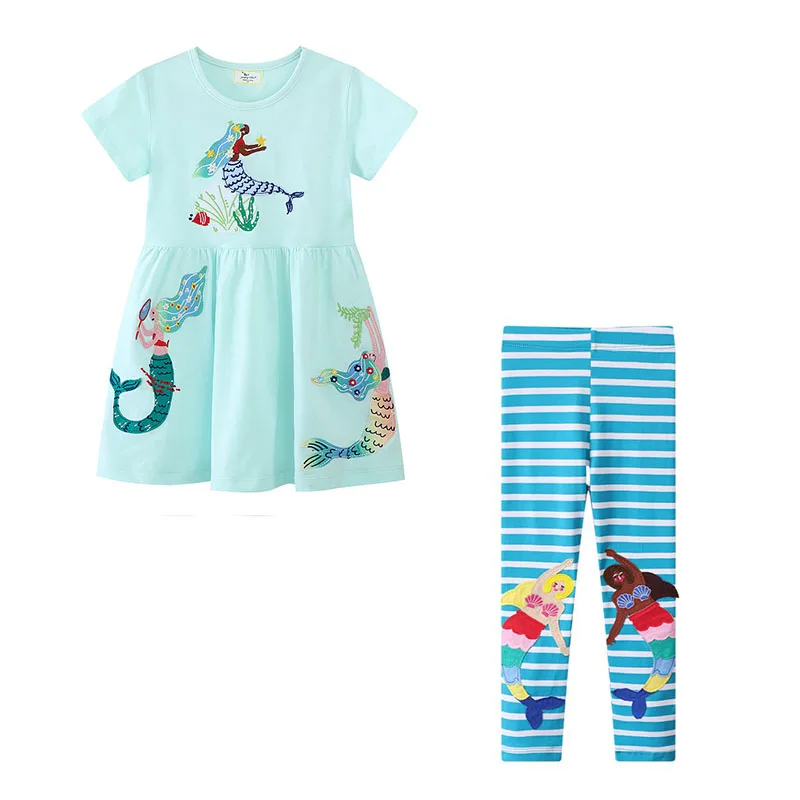 

Jumping Meters 2 Pcs Dresses + Leggings Children's Clothing Sets For Summer 2 Pcs Suit Kids Outfits Sets Baby Clothes Mermaid