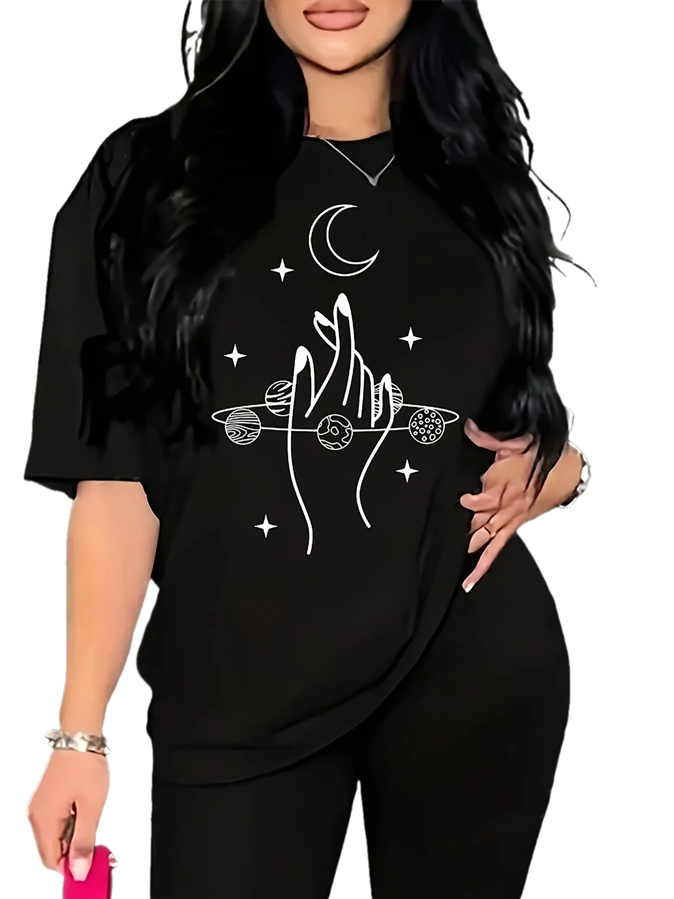

Celestial T-Shirt Black Celestial Graphic Womens Casual Short Sleeve T-Shirt Round Neck Summer Top Machine Washable