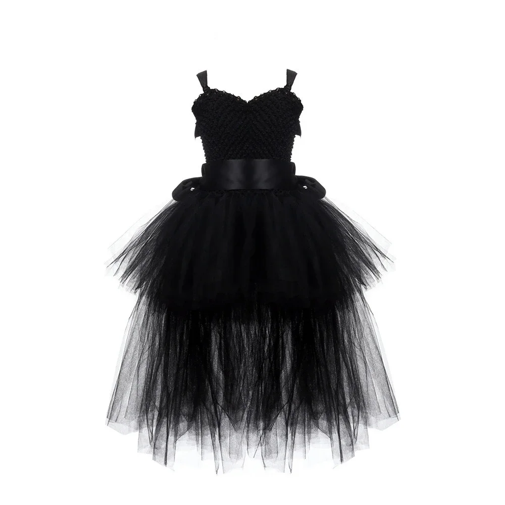 Black Girls Tutu Dress Tulle V-neck Train Girl Evening Birthday Party Dresses Kids Girl Ball Gown Dress Halloween Costume 1-14YY