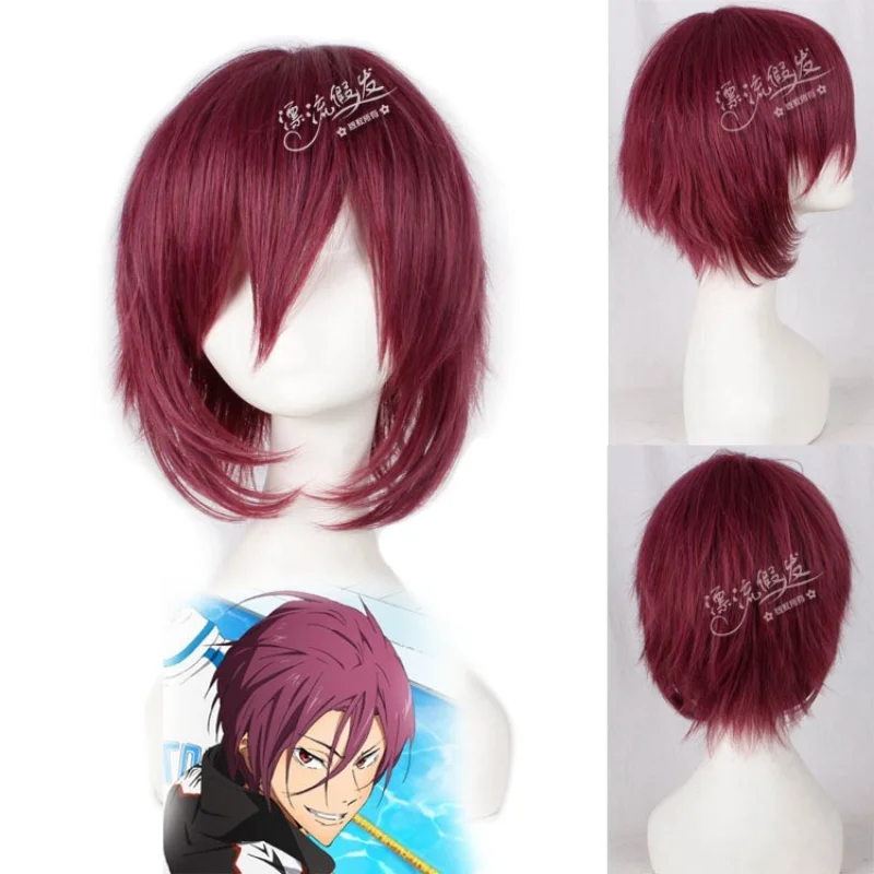 

Free Iwatobi Swim Club Rin Matsuoka Cosplay Wig Short Straight Auburn Wigs Bangs For Party Synthetic Hair+Wig Cap