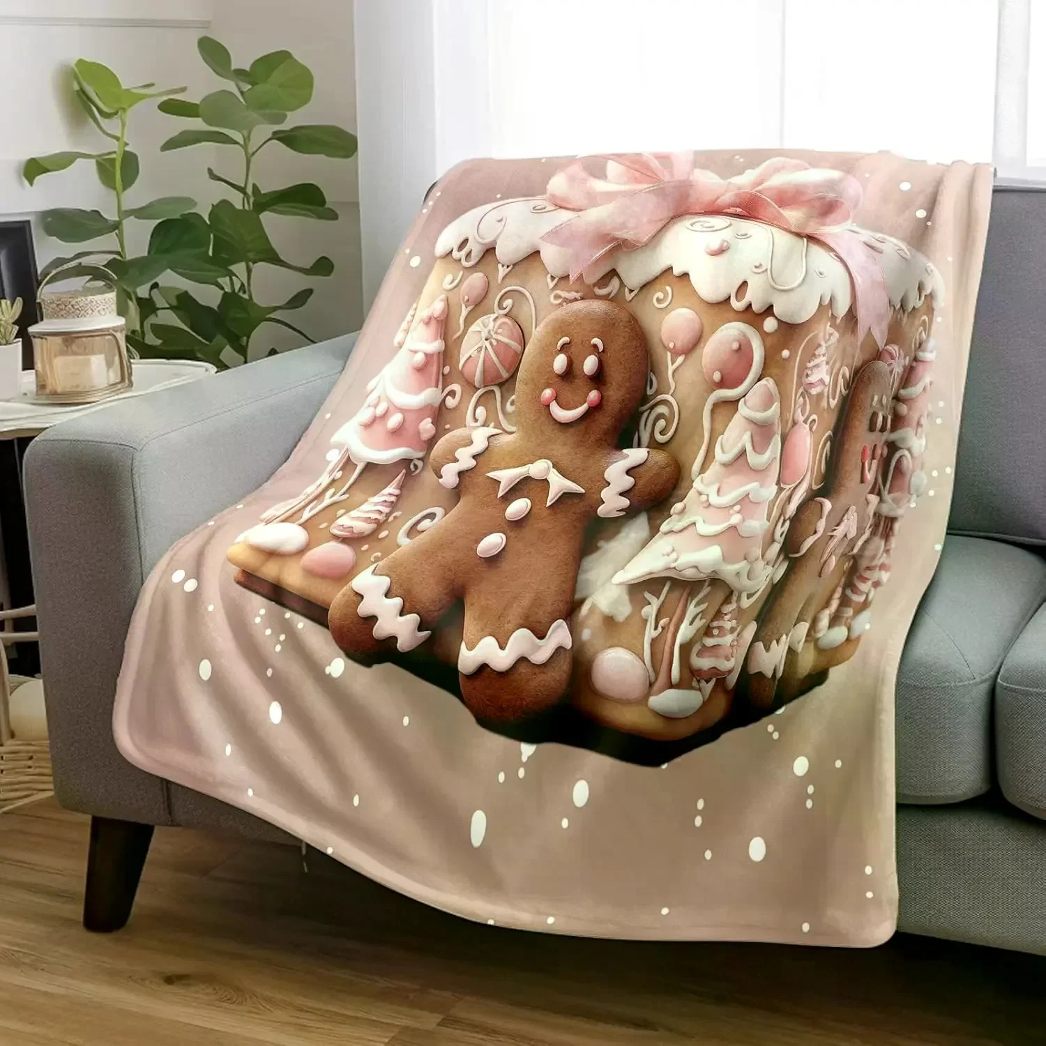 Cute Gingerbread House and Gingerbread Man Throw Blanket Cozy Winter Holiday Decor Gift for Couch