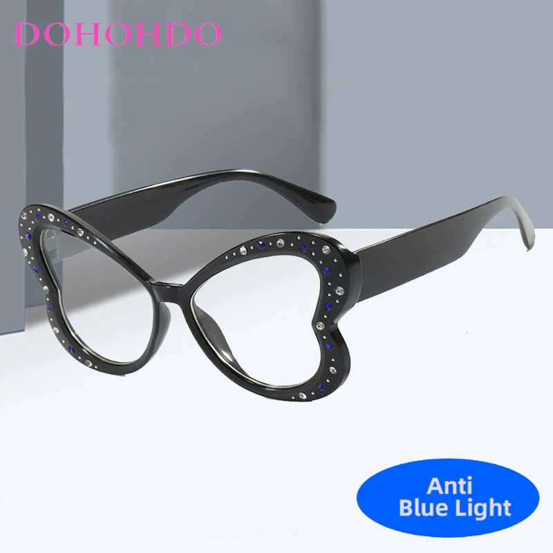 

Trendy Rhinestone Oversized Butterfly Frame Anti Blue Light Glasses Women Men Brand Designer Computer Optical Eyeglasses Очки