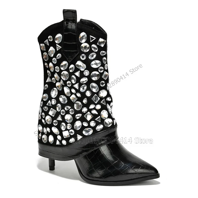 

Black Crocodile Print Crystal Decor Pointed Toe Boots Slip On Women Shoes Thin High Heels Novel Runway 2023 Zapatos Para Mujere