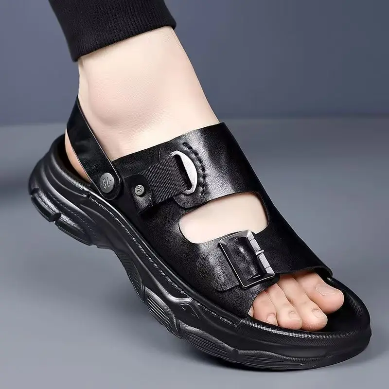 Men Leather One Word Dual Purpose Casual Sandals Summer New Soft Sole Non Slip Lightweight Outdoor Beach Sandals slippers