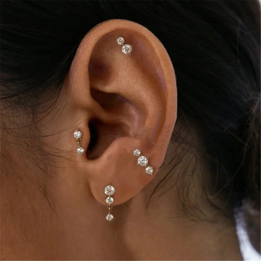 3PCS Casual Cubic Zircon Tassel Hanging Stud Earrings Set for Women Girls Dainty Zircons Tiny Piercing Ear Helix Jewelry Gifts