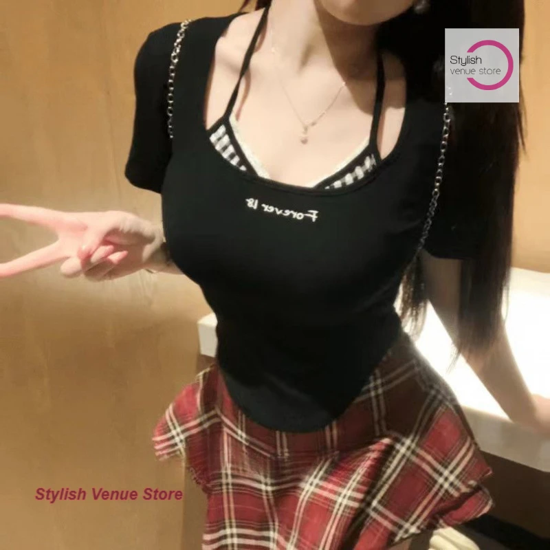

Summer fake two-piece short-sleeved T-shirt with neck hanging+slim skirt female Korean new high waist sexy bud plaid skirt