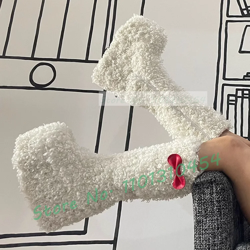 White Platform Wool Knee High Boots With Bowknot Decal Women Lovely Warm Furry Snow Boots Women Outfit Slouchy Side-zipper Shoes