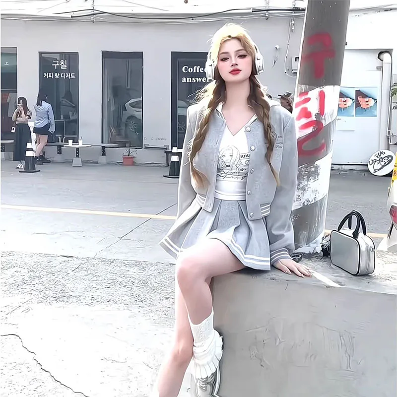 

Japanese Autumn New Preppy style Sweatshirt Women jacket White Chic Hoodie Korean Sweet Mini Skirt Women Grey Three-Piece Sets