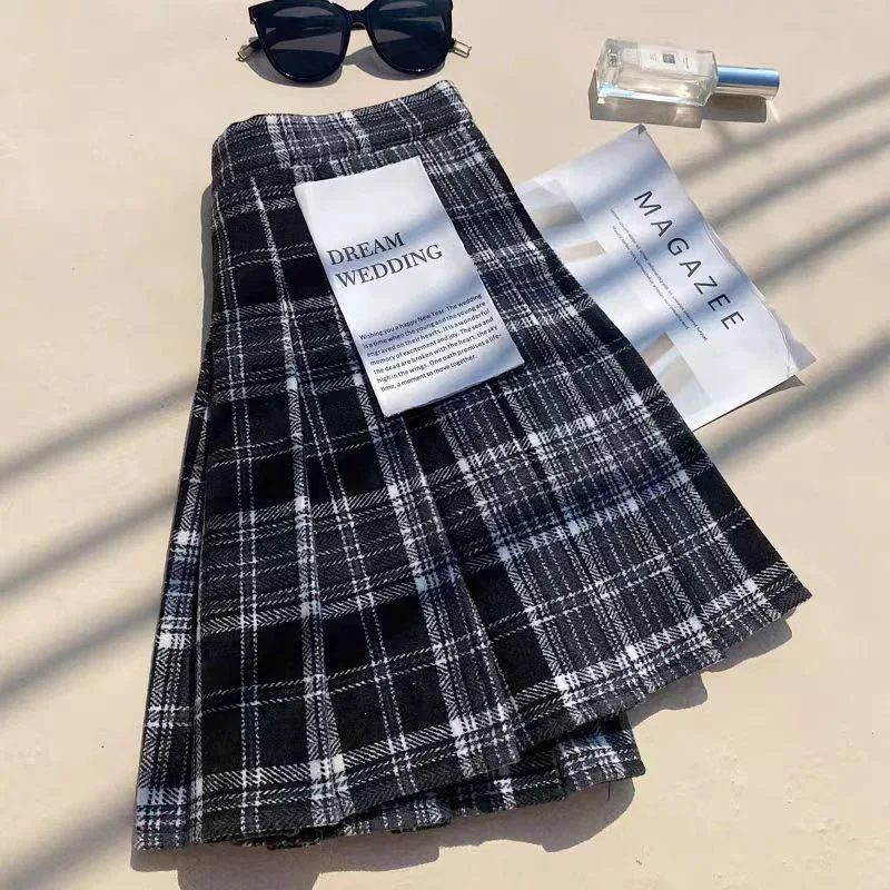 Tweed Plaid Pleated Skirt Women Fall Winter High Waist Jk Pretty Style Mini Skirt Fake Wool Blend Fashion Chic Sweet Skirt